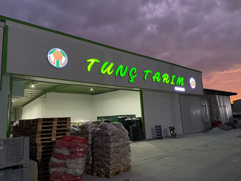 Gün batımında yanan büyük ölçekli ışıklı kutu harf tabela ve daire formlu logo kutusu